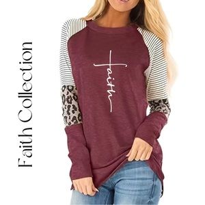 NEW Long sleeve “Faith” T-shirt w/animal print & stripes | Med (6) | Burgundy